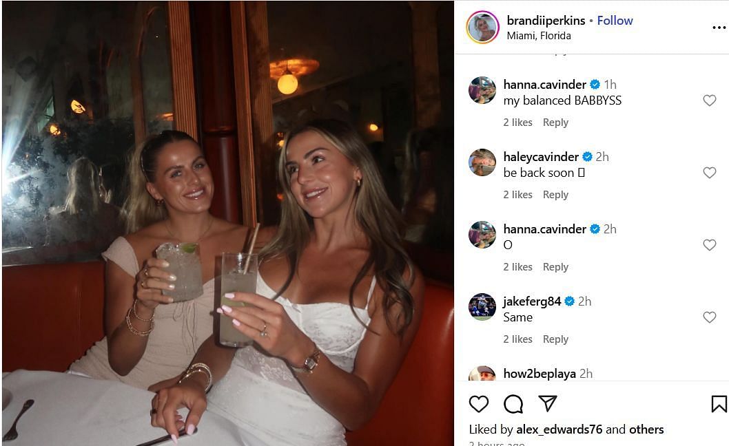 Hanna Cavinder, Haley Cavinder and Jake Ferguson react to Brandi Perkins' IG post. Image via @brandiiperkins